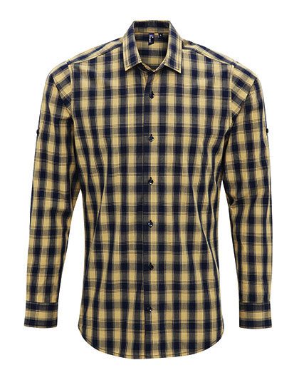 Men´s Mulligan Check Cotton Long Sleeve Shirt – Premier Workwear in Camel (Ca. Pantone 132C)/Navy (Ca. Pantone 2378C)