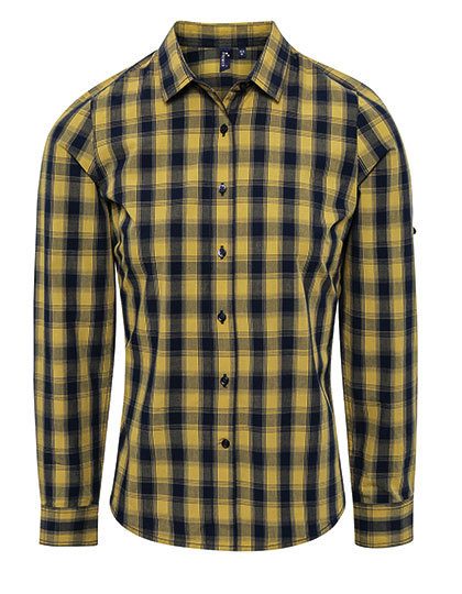 Women´s Mulligan Check Cotton Long Sleeve Shirt – Premier Workwear in Camel (Ca. Pantone 132C)/Navy (Ca. Pantone 2378C)