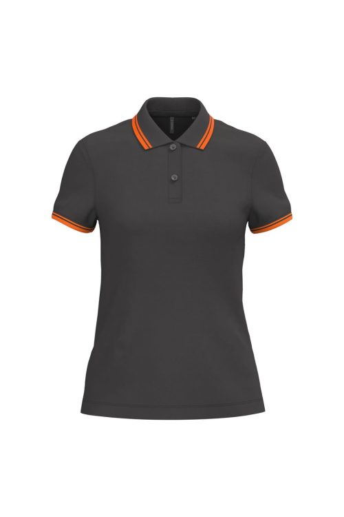 Damen Poloshirt mit kurzen Ärmeln und kontrastfarbenen Paspeln K273 – Kariban in Dark Grey / Orange