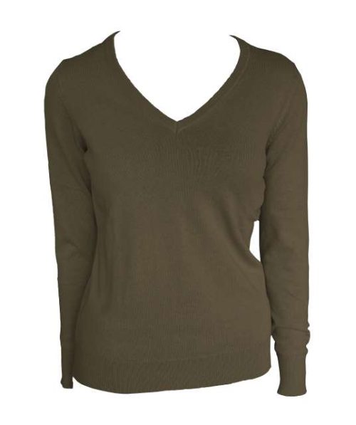Women’s V-Neck Fine Gauge Cotton Pullover – Legend Classics in Dark Khaki