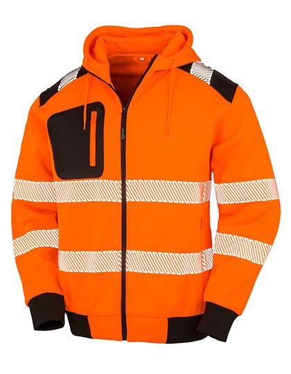 Recycled Zipped Safety Hoody – Result Recycled in Fluorescent Orange/Black