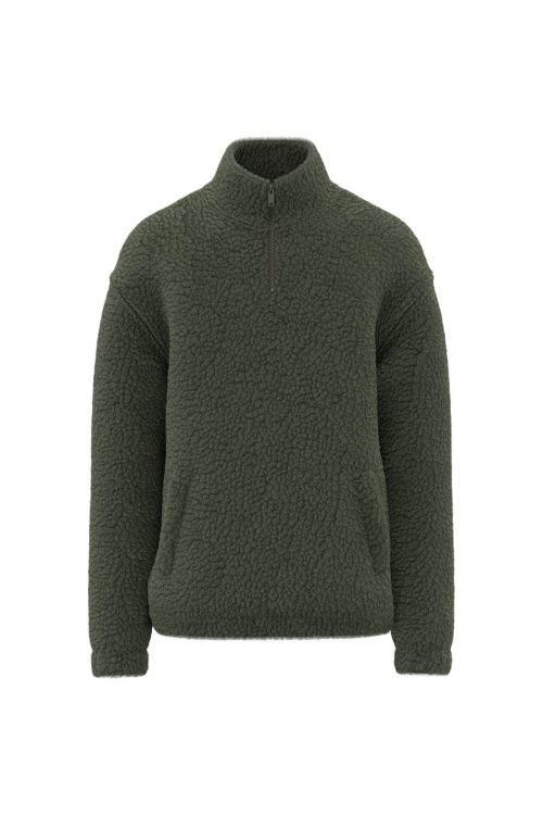 Unisex-Sweatshirt mit 1/4-Reißverschluss und überschnittenen Schultern aus Sherpa-Material SP403 – Spasso in Forest Khaki