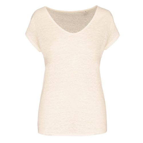Damen-T-Shirt aus Leinen mit V-Ausschnitt NS321 – Spasso in Ivory