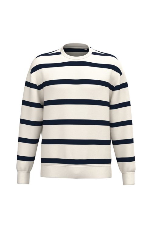 Unisex-Sweatshirt mit gestreiftem Rundhalsausschnitt und überschnittenen Schultern NS450 – Native Spirit in Ivory/ Navy Blue Stripes