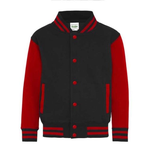 Kids Varsity Jacket – Just Hoods in Jet Black/Fire Red