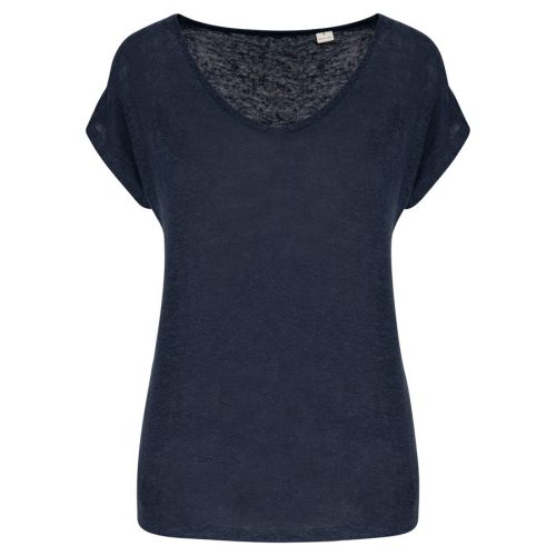 Damen-T-Shirt aus Leinen mit V-Ausschnitt NS321 – Spasso in Navy Blue