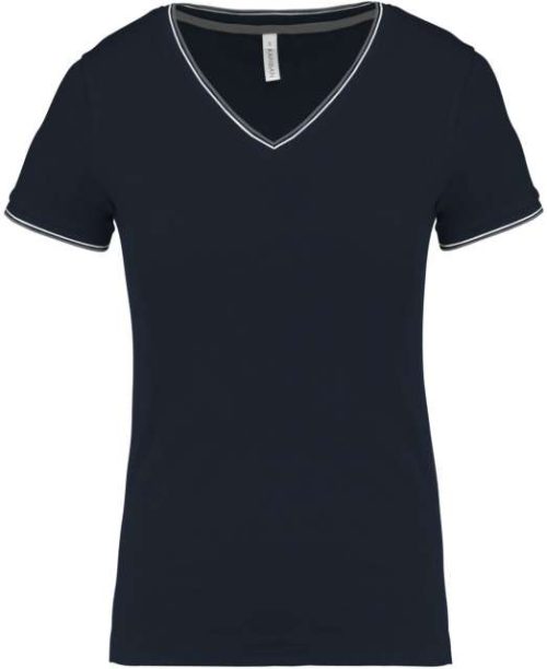 Ladies' Piqué Knit V-Neck T-Shirt – Kariban in Navy/Light Grey/White