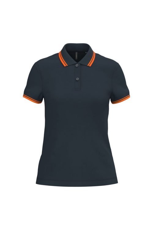 Damen Poloshirt mit kurzen Ärmeln und kontrastfarbenen Paspeln K273 – Kariban in Navy / Orange