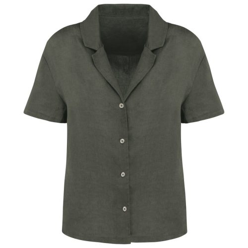 Damenhemd aus Leinen mit kurzen Ärmeln und Bowling-Kragen SP523 – Spasso in Organic Khaki