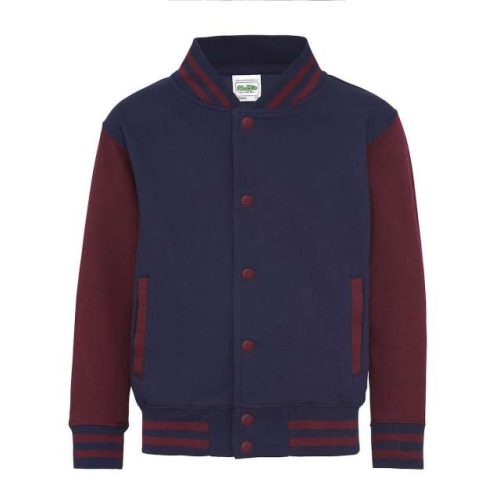 Kids Varsity Jacket – Just Hoods in Oxford Navy/Burgundy