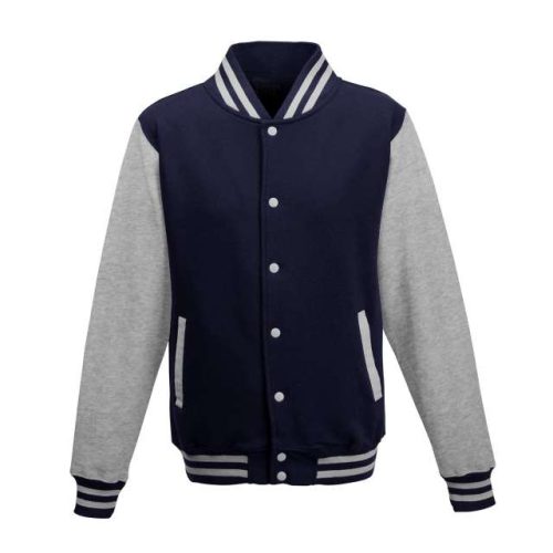 Varsity Jacket – Just Hoods in Oxford Navy/Heather Grey