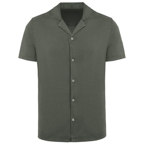 ausgewaschenes Jersey-Herrenhemd mit kurzen Ärmeln und Bowling-Kragen SP522 – Spasso in Washed Organic Khaki